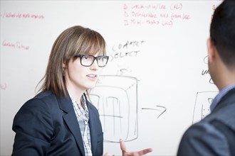 Business people writing on whiteboard in office