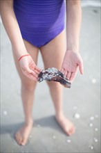 Teenage girl holding seashell on beach