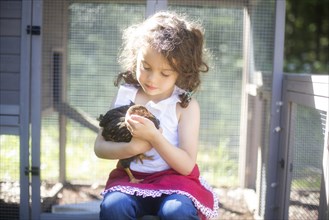 Curious girl holding chicken on farm