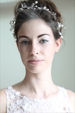 Caucasian bride wearing headband