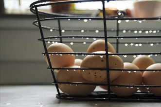 Close up of eggs in wet basket