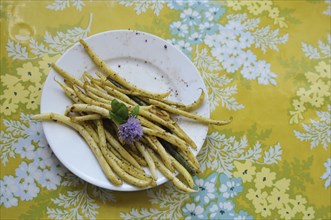 Plate of fresh green beans and flower