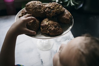 Girl reaching for cookie on kitchen counter