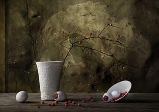 Vase and spilling plate with berries