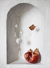 Pomegranate and decorations near moth in wall alcove