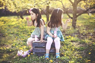 Girls blowing bubbles in orchard field