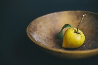 Fresh lemon and stem in wooden bowl