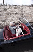 Older woman driving convertible with dog