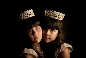 Twin girls wearing crowns and princess costumes