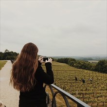 Caucasian woman photographing workers in vineyard