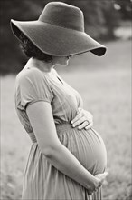 Pregnant Caucasian woman holding belly in field