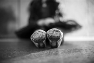 Close up of pointe shoes on ballet dancer
