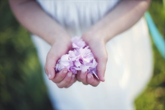 Caucasian girl holding flower petals