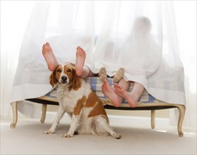 Bare feet of family behind curtain with dog