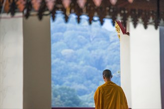 Buddhist monk admiring scenic view from temple