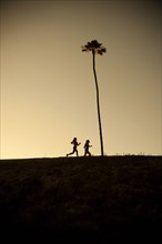 Mixed Race mother and daughter running near palm tree
