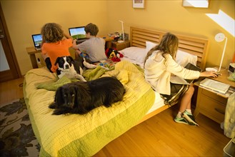 Children on bed using laptops