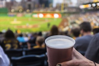 Hand of woman holding cup of beer in baseball stadium