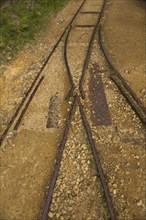 High angle view of train tracks in sand