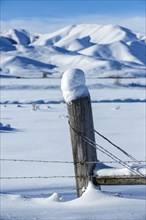 Snow piles on fence in rural landscape