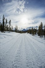 Tire tracks on snowy remote road