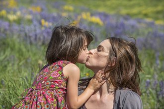 Caucasian mother and daughter kissing on hillside with wildflowers