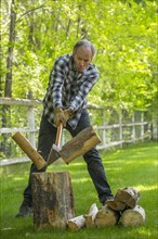 Caucasian man chopping wood