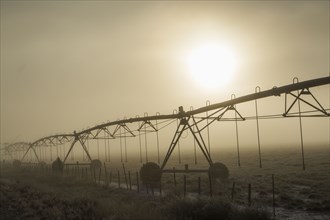 Irrigation equipment on farm in fog