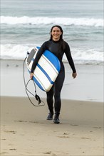 Caucasian woman wearing wetsuit carrying surfboard on beach