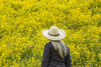 Caucasian woman in field of yellow flowers