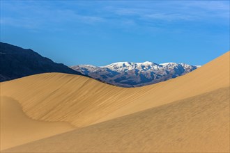 Sand dunes near snowy mountain range