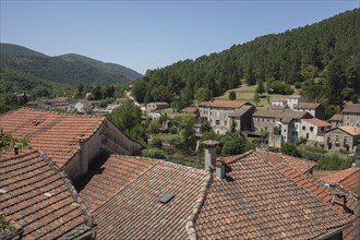 Aerial view of rooftops in rural village