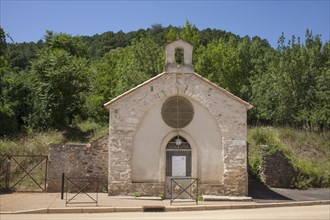 Stone church building in rural village
