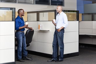 Mixed race businessmen talking in modern office cubicle
