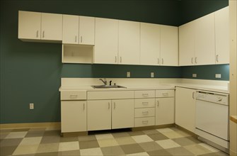 Shelves and countertops in empty kitchen