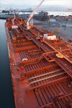 High angle view of deck piping on oil tanker ship