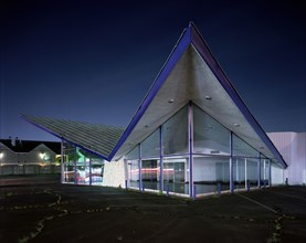 Modern building illuminated at night