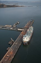 Aerial view of freighter at port