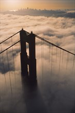 Aerial view of bridge over fog at sunset