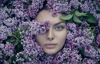 Face of Caucasian woman surrounded by purple flowers