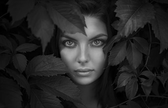 Face of Caucasian woman behind foliage