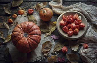 Pumpkins and autumn leaves on wooden table