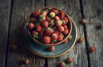 Bowl of red strawberries on wooden table