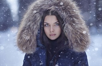 Portrait of serious Caucasian woman in winter