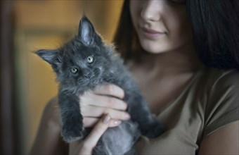 Caucasian woman holding cat