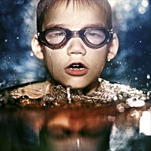 Caucasian boy in goggles swimming
