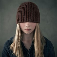 Teenage girl wearing knitted cap over eyes