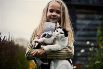Caucasian girl holding cat