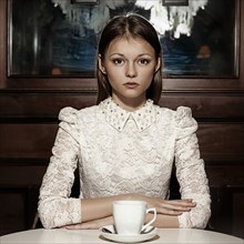 Caucasian teenage girl drinking coffee in restaurant