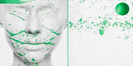 Caucasian woman in white makeup splashed with green paint